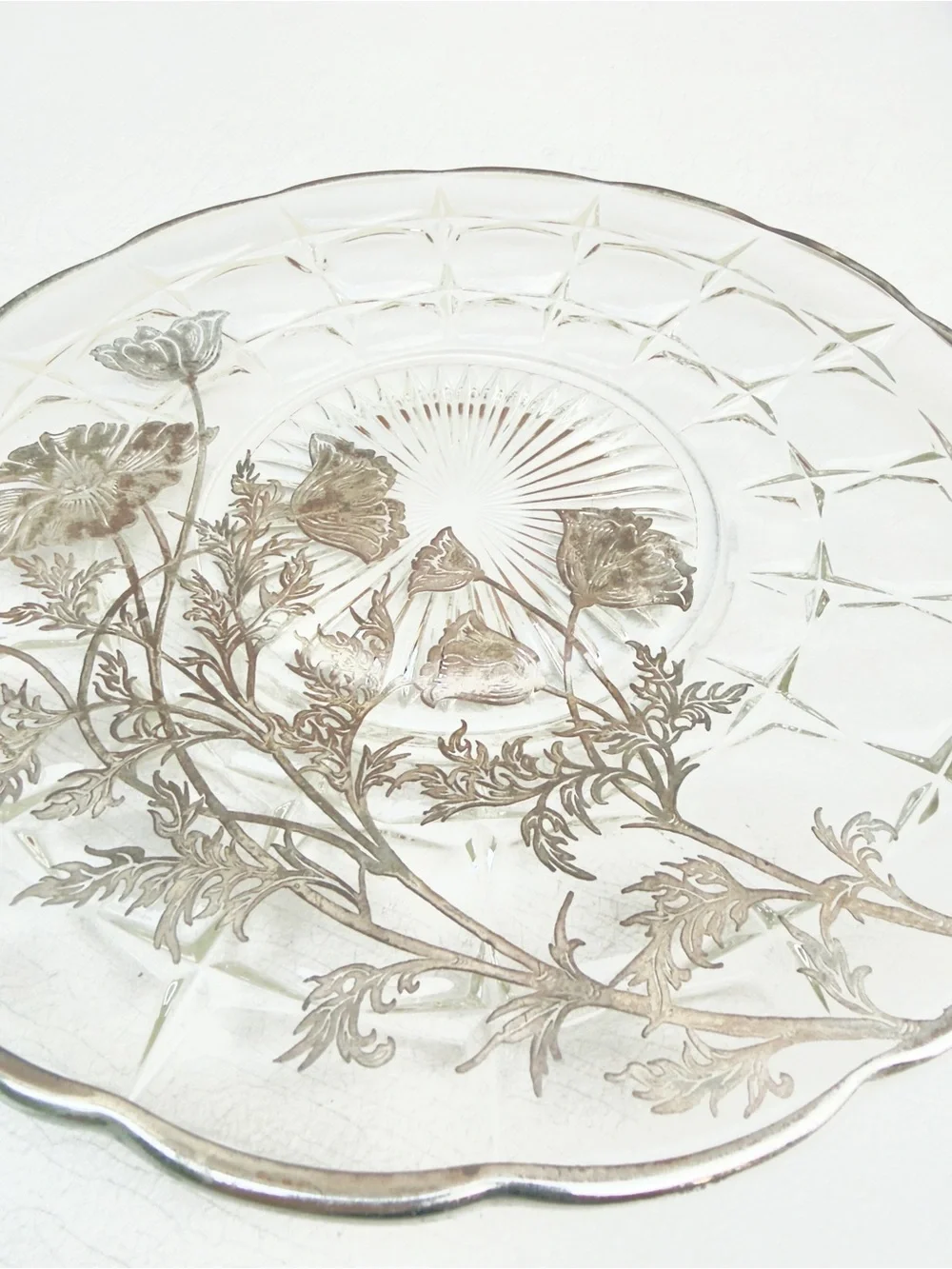 Vintage Silver City Glass Flanders Poppy Serving Plate Sterling Silver Overlay